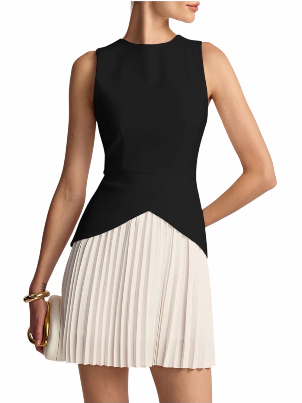 NWT Commense Pleated Hem Dress Black & White Size Large